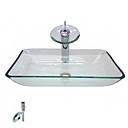 Victoria Rectangular De Cristal Transparente Templado Palangana Con El Grifo Cascada, El Anillo De Montaje Y De Drenaje De Agua (0917-vt4051)