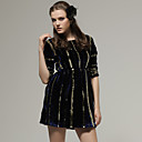 Lentejuelas De Oro En Las Mangas De Terciopelo Medio Vestido De Escote Redondo / Vestidos De Las Mujeres (y Siguientes-a-bk1200015)