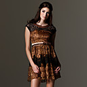 100% Seda De Leopardo Dise�o De Encaje De Manga Corta Cuello Redondo Vestido / Vestidos De Las Mujeres (y Siguientes-a-bl0996014)