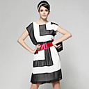 100% Soie Manches Abstraite En Noir Et Blanc Courte Robe D�collet� Rond Avec Ceinture / Robes De Femmes (ff-a-ba0996019)