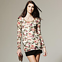 Manches Bouffantes Imprim� Encolure Arrondie T-shirt Manches Longues / Femmes T-shirts (ff-d-bl0736012)
