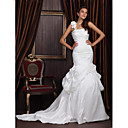 Trumpet / Mermaid One Shoulder Chapel Train Satin Taffeta Wedding Dress With 3D Floral