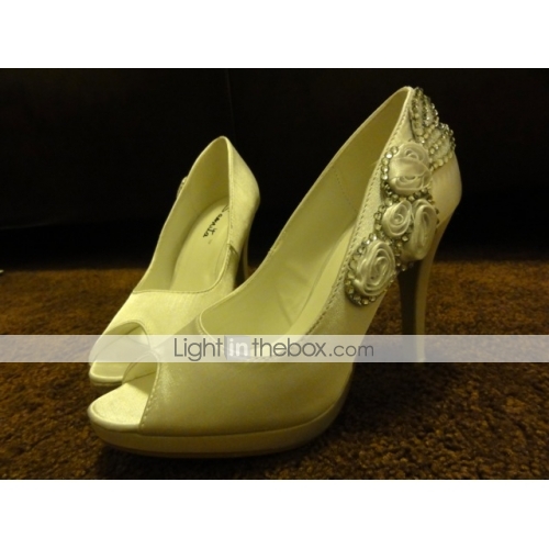  Heel Peep Toe Pumps With Rhinestone Satin Flower Wedding Bridal Shoes