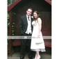 A-line One Shoulder Tea-length Satin Tulle Wedding Dress