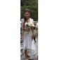 A-line Strapless Asymetrical Tulle Over Satin Wedding Dress
