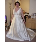 A-line V-neck Neckline Cathedral Train Satin Wedding Dress