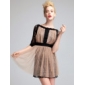 Robe Dentelle Manche Longues Décolleté Couches Superposées (Beige et Noir)