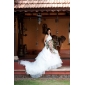 Ball Gown High Neck Chapel Train Organza Tiered Wedding Gown