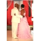 Ball Gown High Neck Chapel Train Organza Tiered Wedding Gown