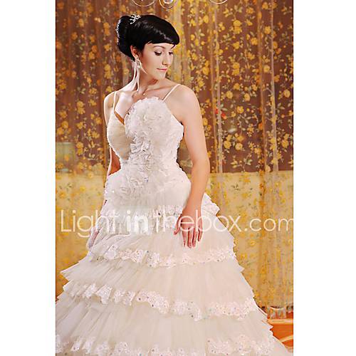 Ball Gown Spaghetti Straps Royal Length Train Tulle Satin Designer Wedding 