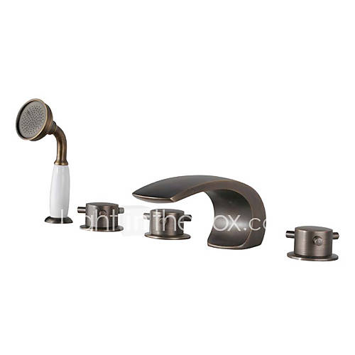 Three Handles Antique Brass Wide Spread Bathtub Faucet with Handheld 