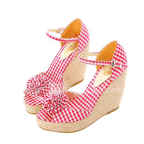 Top Quality Checked Fabric Upper High Heels Wedge Heels With Flower Fashion
