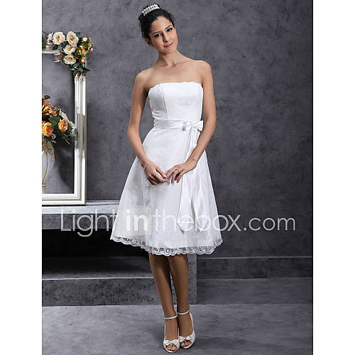 A-line Strapless Knee-length Lace Over Satin Wedding Dress (WSW0016)