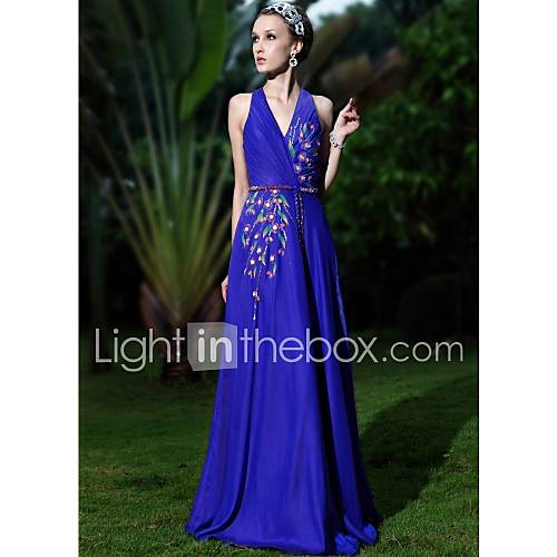 a-line / Princess V-Ausschnitt bodenlangen elastische Gewebe Satin mit Perlen Abend / Ballkleid