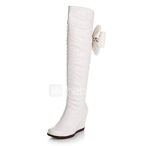 Leatherette Upper Wedge Heel Knee High Boots With Bowknot Wedding Shoes 