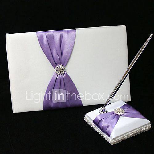 Chic Wedding Guest Book And Pen Set In Satin With Lilac Sash And Rhinestone