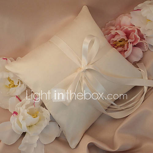 Simple Wedding Ring Pillow In Ivory Satin With White Sash And Ribbons