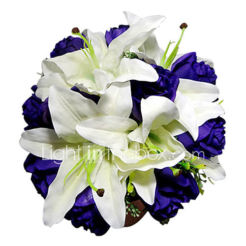 Royal Purple Rose And White Satin Lily Bridal Bouquet US 1999