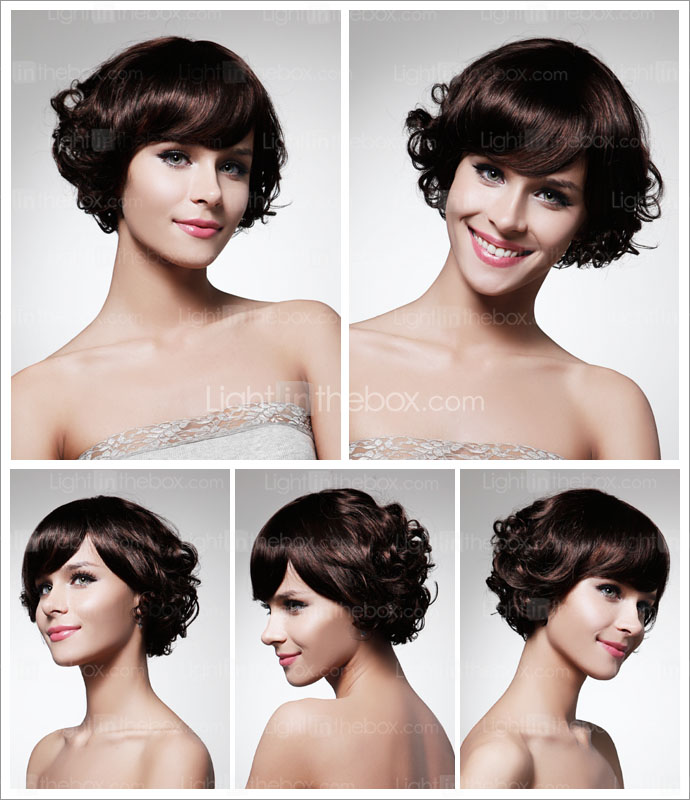 Capless Chin Length High Quality Synthetic Nature Look Dark Brown Curly Hair Wig Capless Chin Length High Quality Synthetic Nature Look Dark Brown Curly Hair Wig