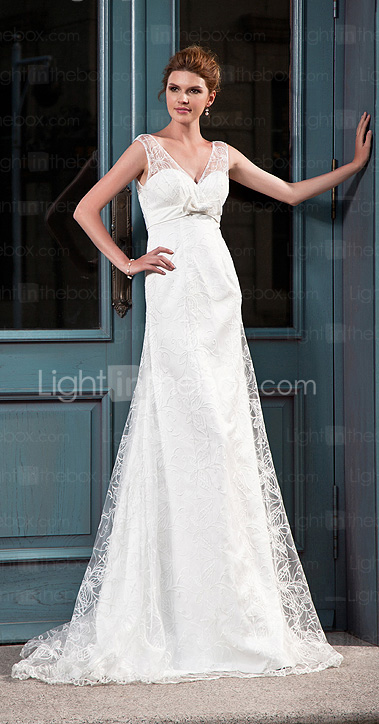 A-line V-neck Court Train Lace Satin Wedding Dress 