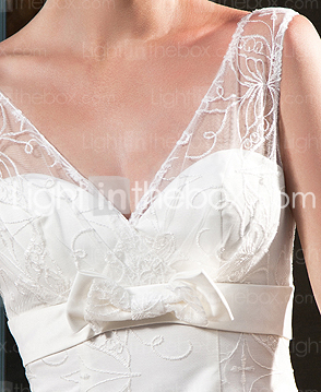 A-line V-neck Court Train Lace Satin Wedding Dress 