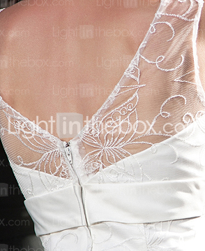 A-line V-neck Court Train Lace Satin Wedding Dress 