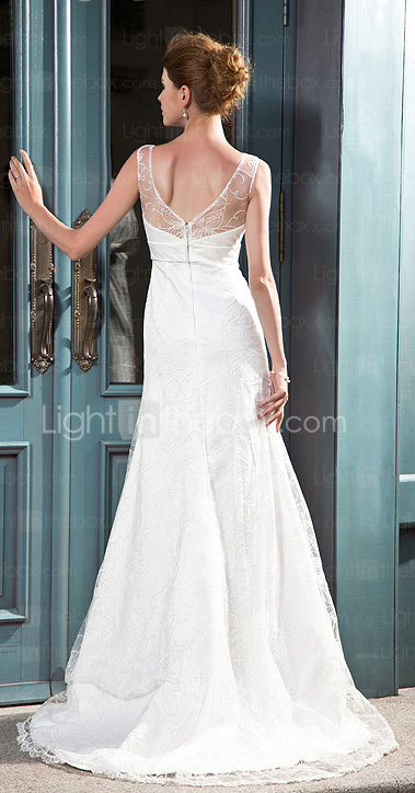 A-line V-neck Court Train Lace Satin Wedding Dress 