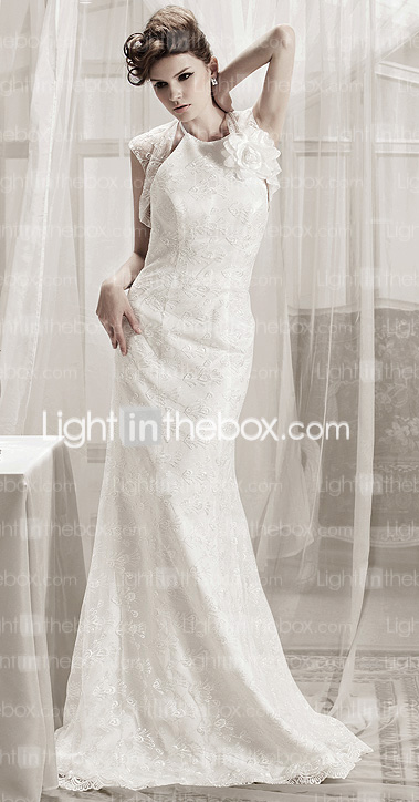  Trumpet/ Mermaid Halter Sweep/ Brush Train Lace Wedding Dress