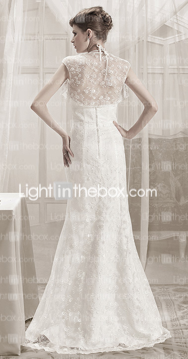  Trumpet/ Mermaid Halter Sweep/ Brush Train Lace Wedding Dress