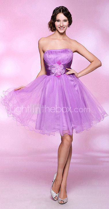 A-line Strapless Knee-length Tulle And Stretch Satin Cocktail Dress 