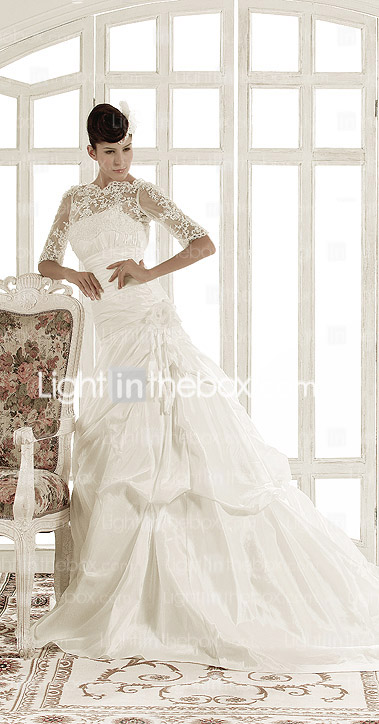 A-line Jewel Chapel Train Taffeta Wedding Dress