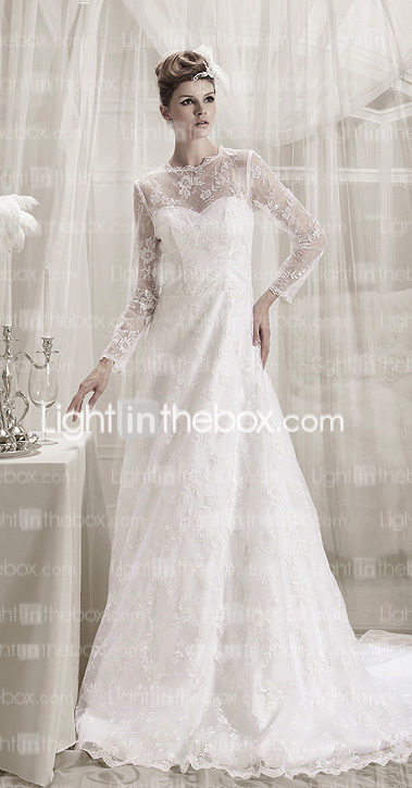  A-line Jewel Court Train Lace Satin Wedding Dress