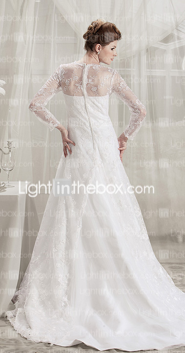  A-line Jewel Court Train Lace Satin Wedding Dress