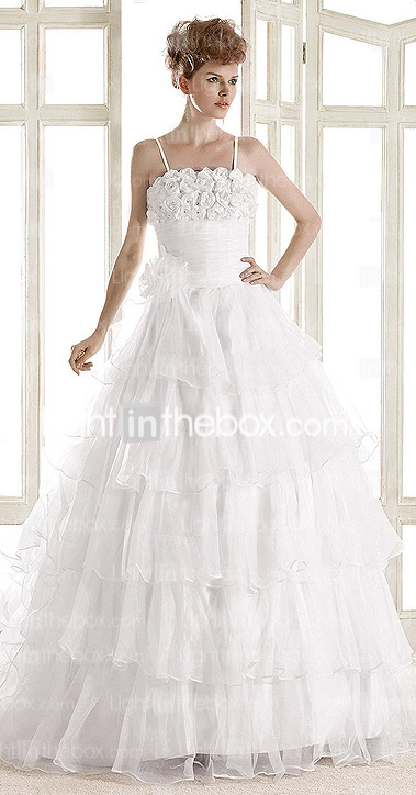 A-line Square Spaghetti Straps Floor-length Organza Wedding Dress