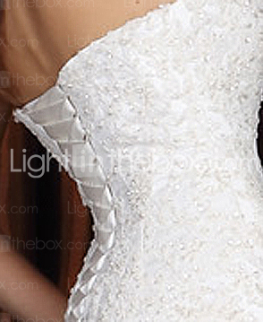 Ball Gown Sweetheart Chapel Train Satin Lace Wedding Dress With Wrap