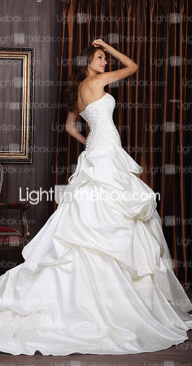 Ball Gown Sweetheart Chapel Train Satin Lace Wedding Dress With Wrap