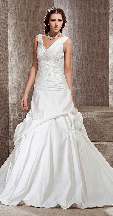 A-line V-neck Chapel Train Satin Wedding Dress 