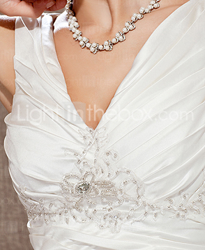 A-line V-neck Chapel Train Satin Wedding Dress 