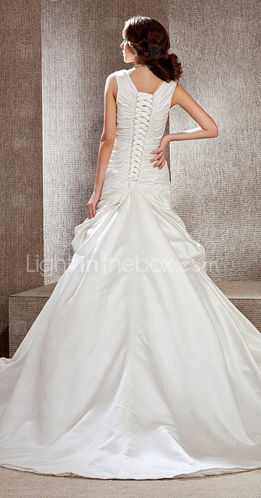 A-line V-neck Chapel Train Satin Wedding Dress 