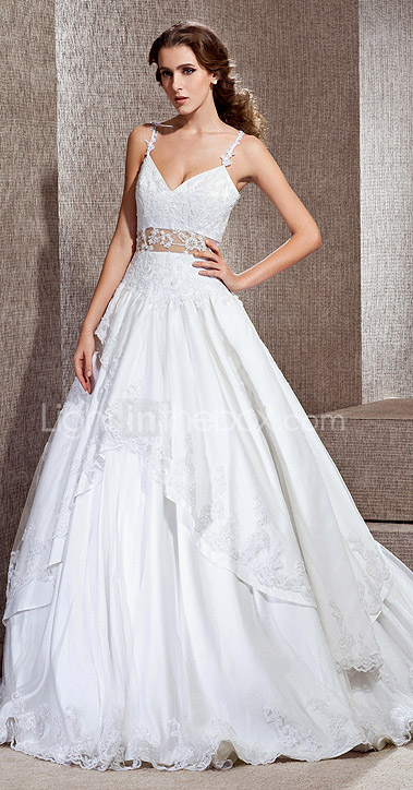A-line V-neck Cathedral Train Lace Taffeta Wedding Dress 