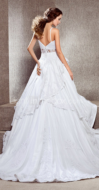 A-line V-neck Cathedral Train Lace Taffeta Wedding Dress 