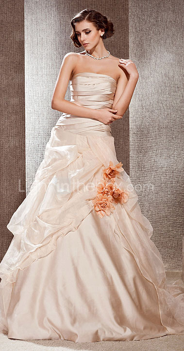 A-line Strapless Cathedral Train Satin Wedding Dress
