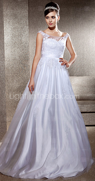 A-line Scoop Sweep/Brush Train Lace Tulle Wedding Dress