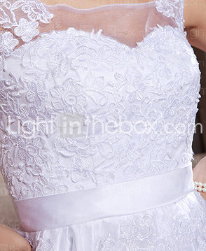 A-line Scoop Sweep/Brush Train Lace Tulle Wedding Dress