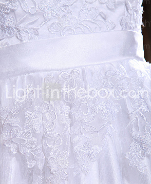 A-line Scoop Sweep/Brush Train Lace Tulle Wedding Dress