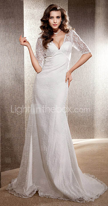 Trumpet/Mermaid V-neck Sweep/Brush Train Lace Wedding Dress 
