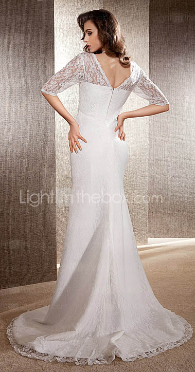 Trumpet/Mermaid V-neck Sweep/Brush Train Lace Wedding Dress 