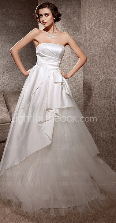 A-line Strapless Sweep/Brush Train Satin Tulle Wedding Dress