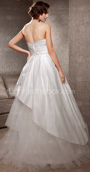 A-line Strapless Sweep/Brush Train Satin Tulle Wedding Dress