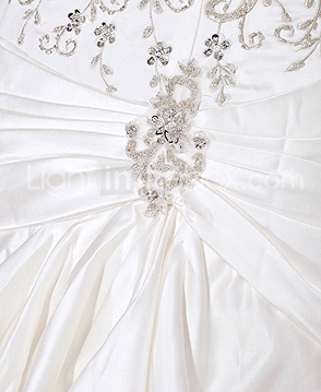A-line Strapless Cathedral Train Embroidery Satin Wedding Dress